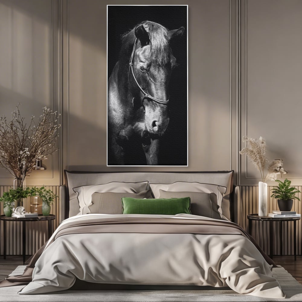 Tablou canvas cu tablou canvas cu un cal negru, in rama de aluminiu argintiu, pe perete intr-un dormitor